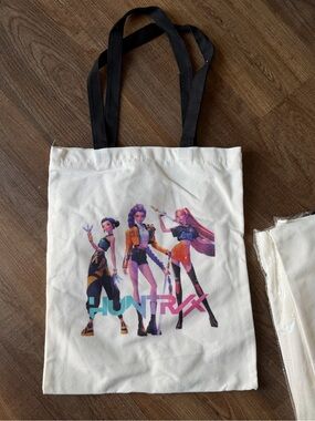 K Pop HUNTRX White Graphic Tote Bag with Black Straps